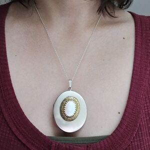 Vintage Silver & Gold Mother of Pearl Oversized Locket Necklace